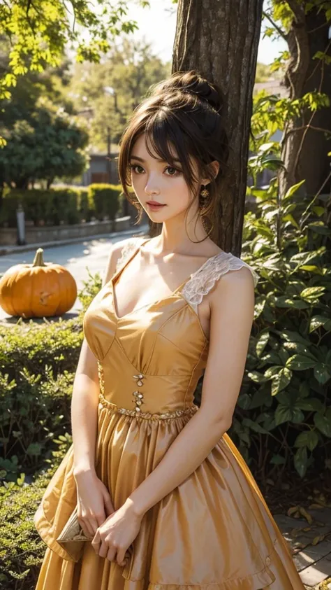 Girl with pumpkin-like hairstyle.Wearing a gorgeous dress