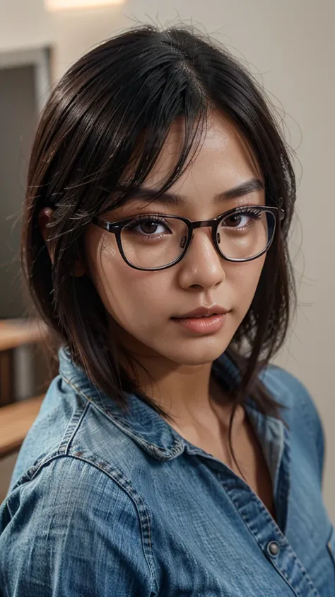 a cute tan Chinese girl wearing glasses, jeans, beautiful detailed eyes, beautiful detailed lips, extremely detailed face, long eyelashes, photorealistic, 8k, ultra-detailed, physically-based rendering, vivid colors, professional photography