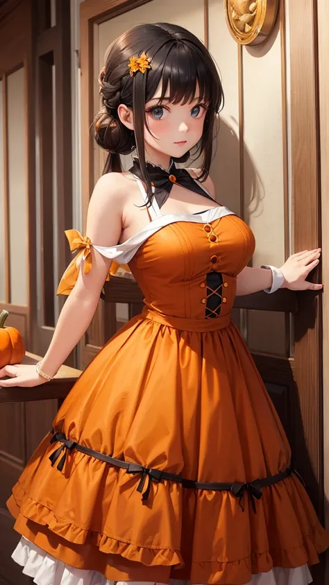 Girl with pumpkin-like hairstyle.Wearing a gorgeous dress