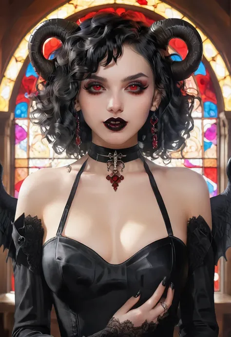 Sexy gothic girl, black hair, curly square haircut, red eyes, black lipstick, black nail, eyeliner, little sadistic smile, dark and deep look, menacing, black horns. Masterpiece, UHD, detailed. Into a satanic church, cowboy_shot