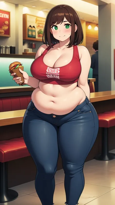 ((highres)), Masterpiece, high quality, best quality, beautiful, perfect lighting, detailed face, ultra cute face, looking at viewer, on a date, ((blush)), affectionate smile, ((1girl)), ((solo)), brown hair, fluffy hair, green eyes, jeans, crop top, tight...