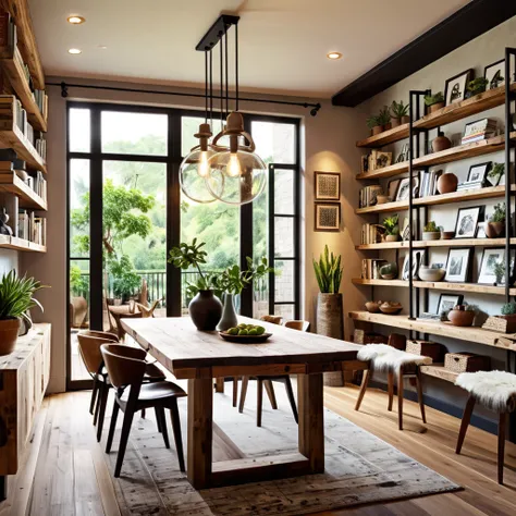 Design a cozy and eclectic dining area with a mix of modern and rustic elements. The room features a wooden dining table with a variety of chairs, including modern and rustic styles. The walls are adorned with various framed artworks and a bookshelf filled...