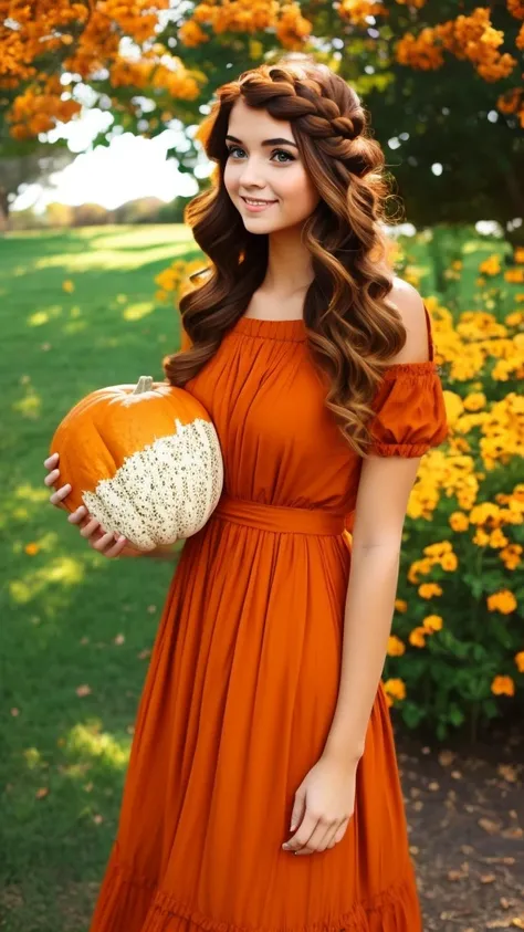 Girl with pumpkin-like hairstyle.Wearing a gorgeous dress