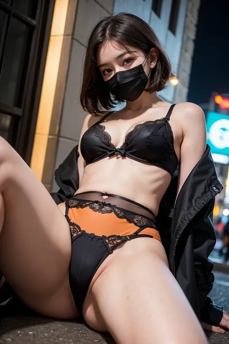 ((black trench coat)), (tank top), ((black&orange tiny lingerie, delicate lace embroidery, very very see-through lingerie, cameltoe)), ((black mask)), K-cup bust, huge breasts, early 30s, medium to short hair, (round face, centrifugal face), beautiful fore...