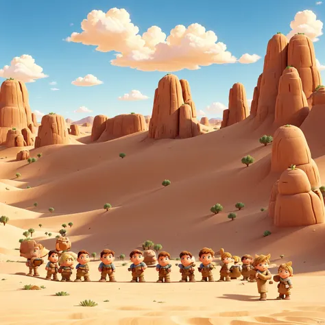 I want you to place the characters in this image in a way that they all look like they are in the same art, I want a very sunny sky, they are in a desert-like sand, a very fun atmosphere, quality images of the characters as if it were a 2D drawing into 3D