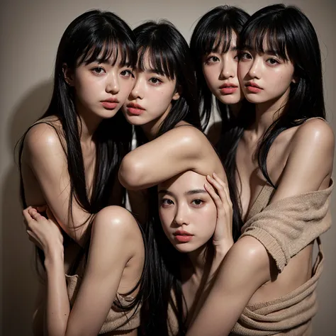 Identical twin sisters kissing、Highest quality, masterpiece, Ultra-high resolution, (Realistic: 1.4), Raw photo, 1 girl, Black Hair, Glowing Skin, Fine grain, Dramatic lighting, An attractive production, Long Bangs, Cleanliness,