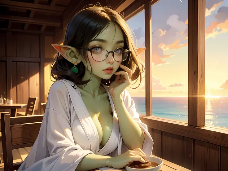 ((best quality)), ((masterpiece)), (detailed), perfect face, ((green skin)), pointy ears, very shy, tiny breasts, wearing black rimmed glasses, short dark hair, sitting on a hotel veranda overlooking the beach, sunrise, drinking mug of coffee, wearing whit...