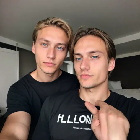 male 18 years old Mathias Lauridsen, blonde hair, Blue eyes, in a black T-shirt without inscriptions or drawings, take a selfie. He looks very tired, (medium hairstyle with middle parting), night, very dark, one-handed selfie, skin imperfections, skin impe...