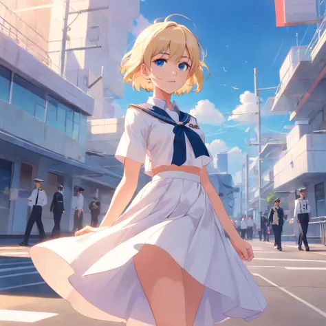 17 years old Women, ((Blonde)), ((Blue eyes)), ((Short hair)), ((Full shot)), very detailed makeup, pale pink lipstick, long earrings, dressed as a navy cadet with white dress uniform, high heels and skirt