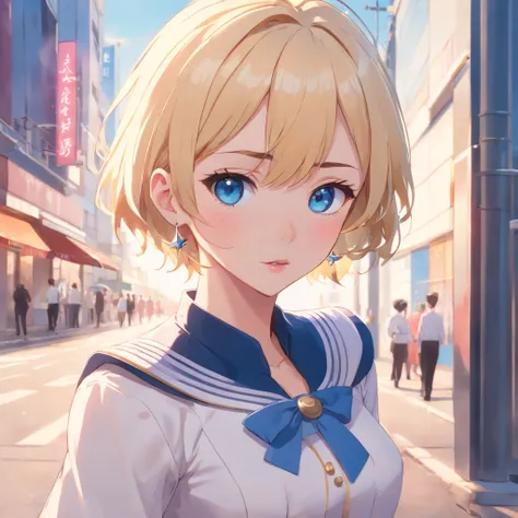 17 years old Women, ((Blonde)), ((Blue eyes)), ((Short hair)), ((Full shot)), very detailed makeup, pale pink lipstick, long earrings, dressed as a navy cadet with white dress uniform, high heels and skirt