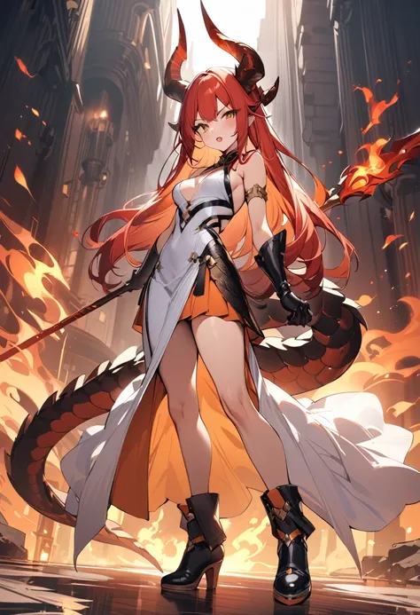 (masterpiece:1.2), (highest quality:1.2), 1girl, fire, solo, tail, horns, dragon-tail, dragon-girl, orange-hair, gloves, dress, holding-polearm, dragon-horns, white-dress, looking-at-viewer, black-gloves, standing, bare-shoulders, full-body, red-hair, bang...