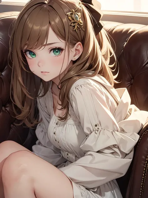 (8K, Best Quality, Masterpiece, Ultra High Resolution) 1 Girl, Short, Teen, Beautiful Eyes, Face Details, Light Brown Hair, Hair Bow, Green Eyes, Pale Skin, , Sitting on Sofa Masterpiece, Best Quality, Upper Body, Looking at the Viewer, Facing Viewer, Clos...