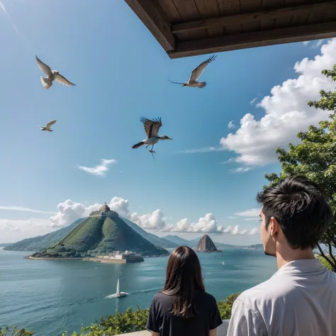 man and woman in front of Christ the Redeemer and a heron flying in the sky