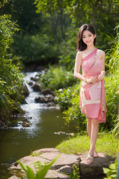 a thai girl dresses in a short thai dress showing her thighs standing by the stream.