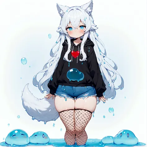 a cute adult male made of slime with wolf ears, long white hair, long locks, has a wolf tail, wearing a loose cropped black hoodie, wearing a pair of denim short shorts and fishnet stockings, thick thighs, wide hips, short, very slim, showing slender tummy...