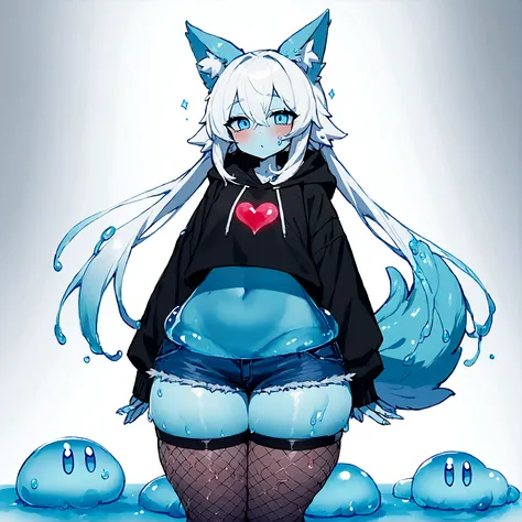 a cute adult male made of slime with wolf ears, long white hair, long locks, has a wolf tail, wearing a loose cropped black hoodie, wearing a pair of denim short shorts and fishnet stockings, thick thighs, wide hips, short, very slim, showing slender tummy...