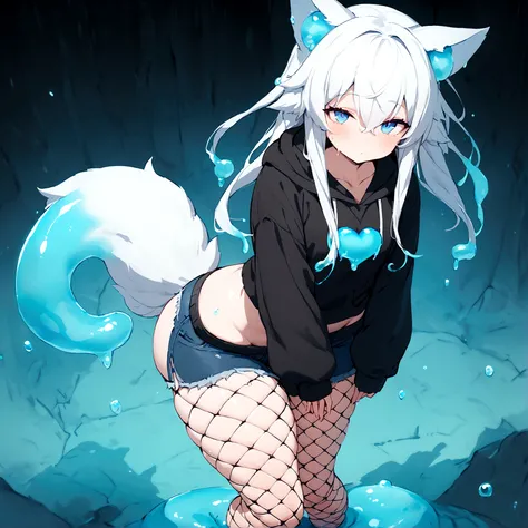 a cute adult male made of slime with wolf ears, long white hair, long locks, has a wolf tail, wearing a loose cropped black hoodie, wearing a pair of denim short shorts and fishnet stockings, thick thighs, wide hips, short, very slim, showing slender tummy...