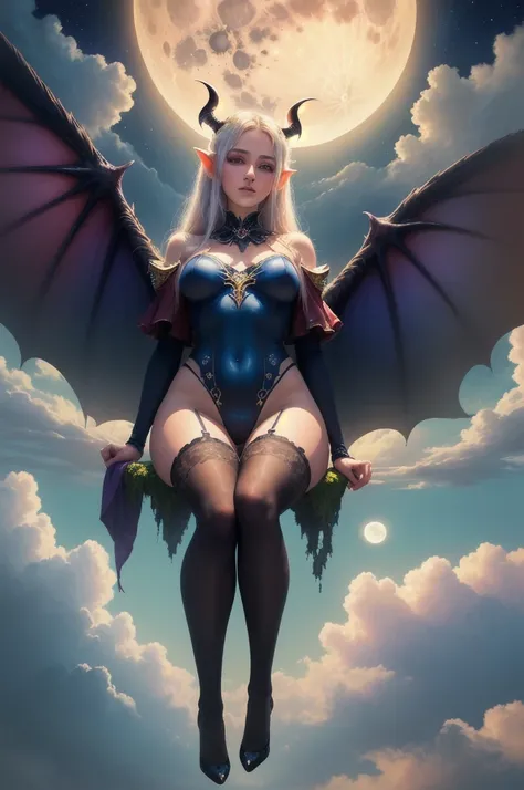 ((best quality)), ((masterpiece)), (detailed), succubus, ethereal beauty, perched on a cloud, (fantasy illustration:1.3), enchanting gaze, leotard, pantyhose, stockings, bodysuit, captivating pose, delicate wings, otherworldly charm, mystical sky, large mo...