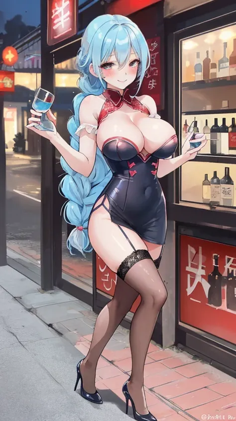 Sexy，Large Breasts，Cleavage，beauty，Smile，blush，light blue hair，single braid hairstyle，prostitute，civilian area，stockings，red high heels，Sexy and thin，Lace，liquor