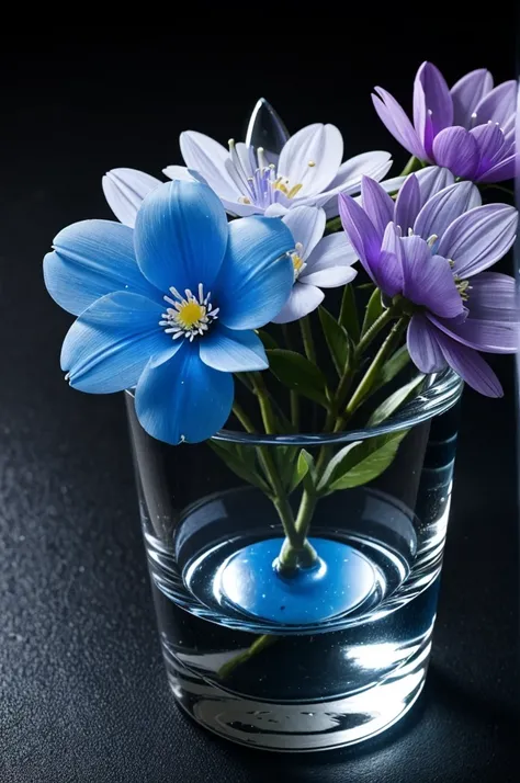 a group of glass-petalled flowers. the blue liquid is his blood. placed in a crystal glass. background dark