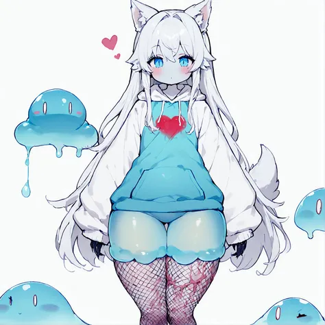 a cute adult male made of slime with wolf ears, long white hair, long locks, has a wolf tail, fishnet stockings, thick thighs, wide hips, short, very slim, showing slender tummy, heart on hoodie, squishy thighs, has glowing blue eyes. alone, solo (ALONE)(S...