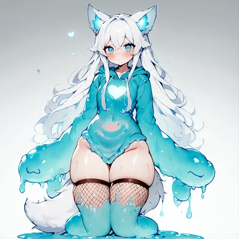 a cute adult male made of slime with wolf ears, long white hair, long locks, has a wolf tail, fishnet stockings, thick thighs, wide hips, short, very slim, showing slender tummy, heart on hoodie, squishy thighs, has glowing blue eyes. alone, solo (ALONE)(S...