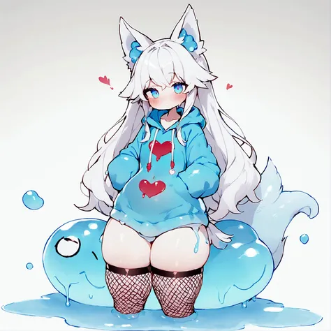 a cute adult male made of slime with wolf ears, long white hair, long locks, has a wolf tail, fishnet stockings, thick thighs, wide hips, short, very slim, showing slender tummy, heart on hoodie, squishy thighs, has glowing blue eyes. alone, solo (ALONE)(S...