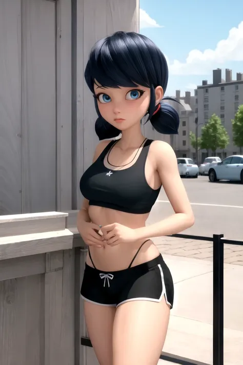 Blue eyes, Black pupil, marinett, Black sports bra, black panties, black sports shorts 