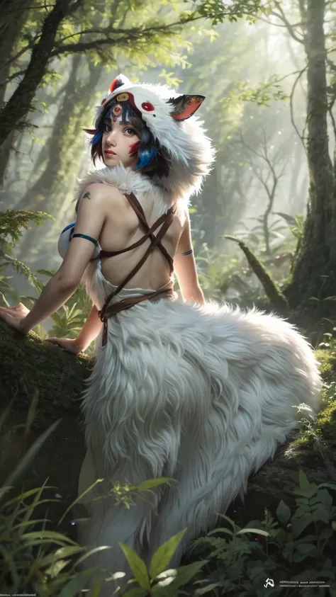 Only people are seen from behind,The dog is looking back,Precision,detailed,dynamic,official art, unity 8k wallpaper, Super detailed, beautiful, beautiful, masterpiece, highest quality, Painting of a woman riding a white wolf in the forest, studio ghibly s...