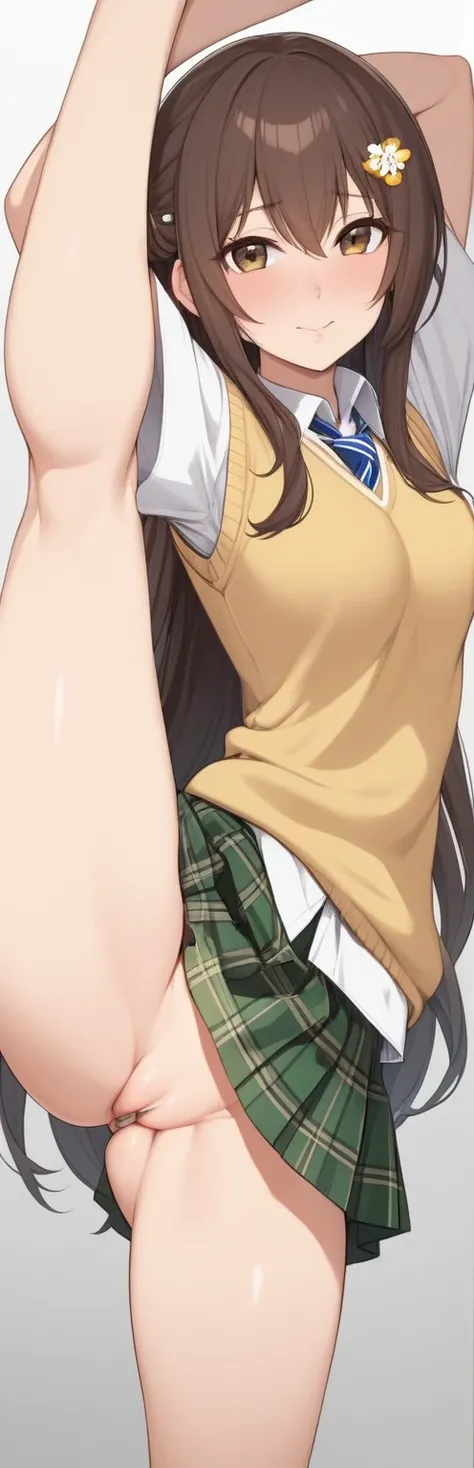 score_9, score_8_up, score_7_up, Expressiveh, 1girl, futanari, solo, standing_split, Mikan Yuuki, brown eyes, brown hair, hair ornament, long hair,green plaid skirt, sainan high, white shirt, yellow sweater vest, no panty, cockring