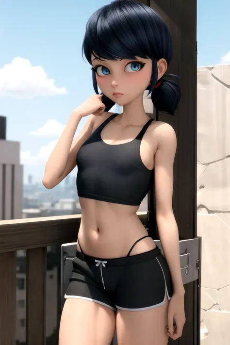 Blue eyes, Black pupil, marinett, Black sports bra, black panties, small black sports shorts 