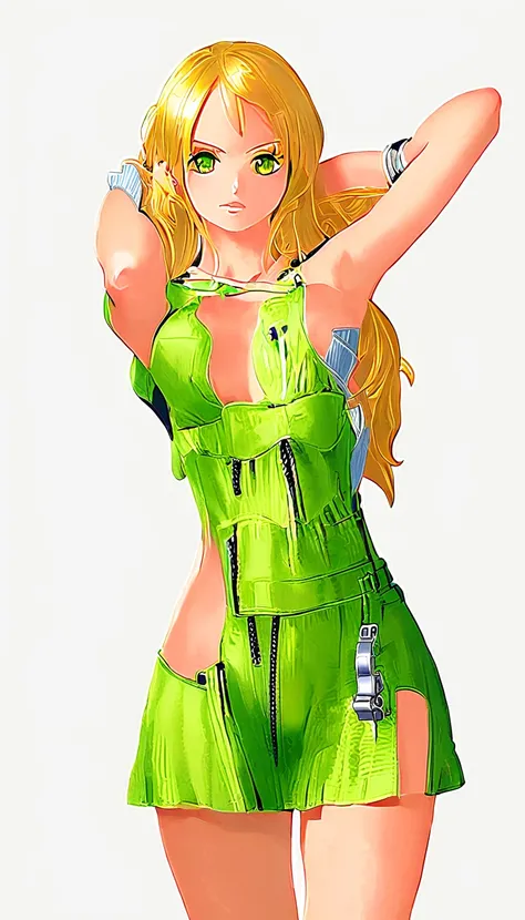 1girl, solo, weapon, blonde hair, shorts, gloves, gun, breasts, long hair, midriff, crop top, fingerless gloves, navel, shoes, full body, green eyes, curly hair, cleavage, short shorts, hairband, submachine gun, yellow shorts, socks, holding weapon, holdin...