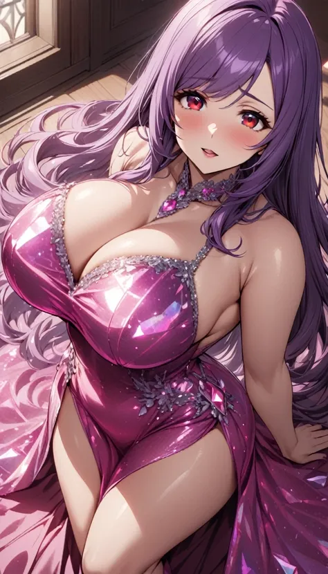 mature_1female,purple hair,long hair,swept bangs,red eyes,tareme,large breasts,pink sapphire crystalline dress