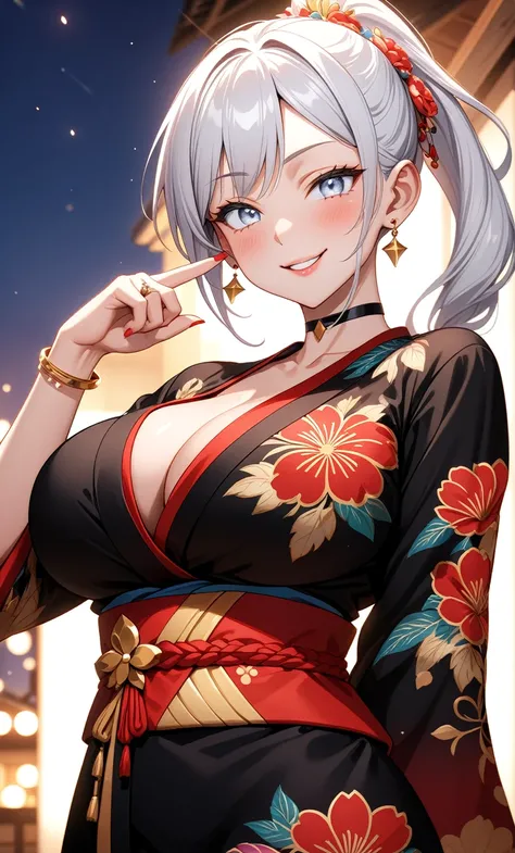 ((One personの女性)), Beautiful Face, ((smirk)), (head tilt), ((Wink:1.9)), Laugh with your mouth wide open,((Bright red cheeks:1.4)),Shiny red lips,night,coastal,You can see the ocean, firework,Laughing with your mouth open,Glossy pink lips,Facial lighting,(...