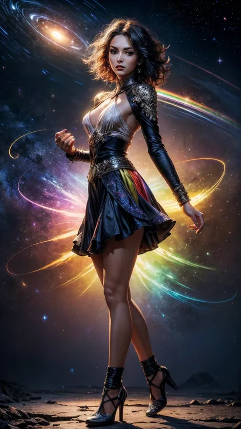 An ultra-realistic and ultra-detailed (Legendary Multicolored Psychedelic Masterpiece), ((HOLDING A GORGEOUS COLORFUL RAINBOWLUMINESCENT GALAXY IN HER HANDS)), ((full body portrait)), (Dynamic Angle), best quality, (Angled View), 1girl, She is a Gorgeous M...