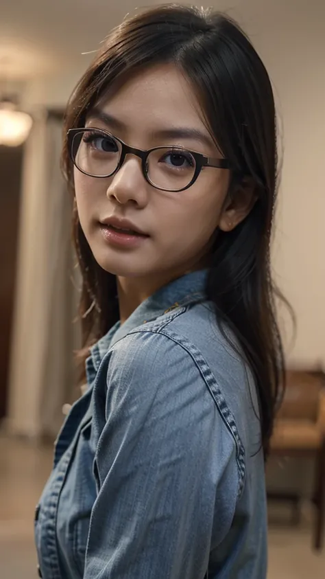 a cute tan Chinese girl wearing glasses, jeans, beautiful detailed eyes, beautiful detailed lips, extremely detailed face, long eyelashes, photorealistic, 8k, ultra-detailed, physically-based rendering, vivid colors, professional photography