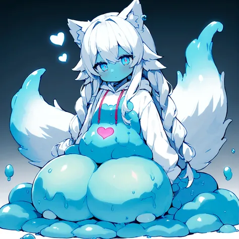 a cute adult male made of slime with wolf ears, long white hair, long locks, has a wolf tail, fishnet stockings, thick thighs, wide hips, short, very slim, showing slender tummy, heart on hoodie, squishy thighs, has glowing blue eyes. alone, solo (ALONE)(S...