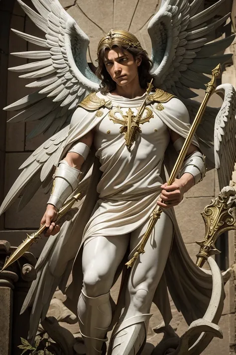 Saint Michael the archangel holding a spear defending people
