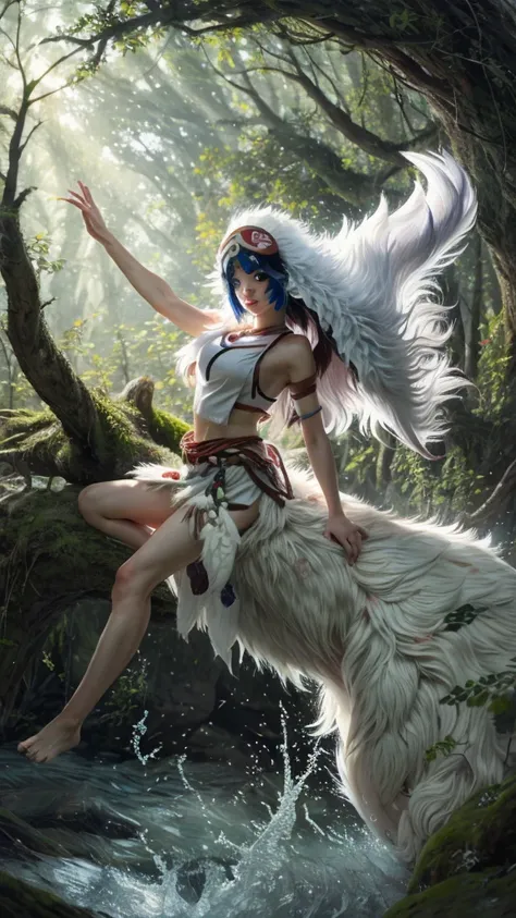 後ろ姿,Precision,detailed,dynamic,official art, unity 8k wallpaper, Super detailed, beautiful, beautiful, masterpiece, highest quality, Painting of a woman riding a white wolf in the forest, studio ghibly style mononoke, riding a giant silver wolf, artwork in...