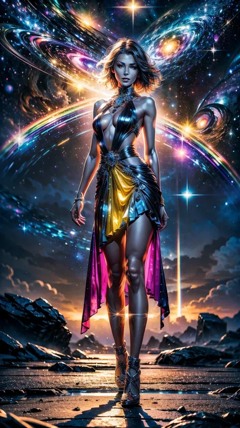 An ultra-realistic and ultra-detailed (Legendary Multicolored Psychedelic Masterpiece), ((HOLDING A GORGEOUS COLORFUL RAINBOWLUMINESCENT GALAXY IN HER HANDS)), ((full body portrait)), (Dynamic Angle), best quality, (Angled View), 1girl, She is a Gorgeous M...