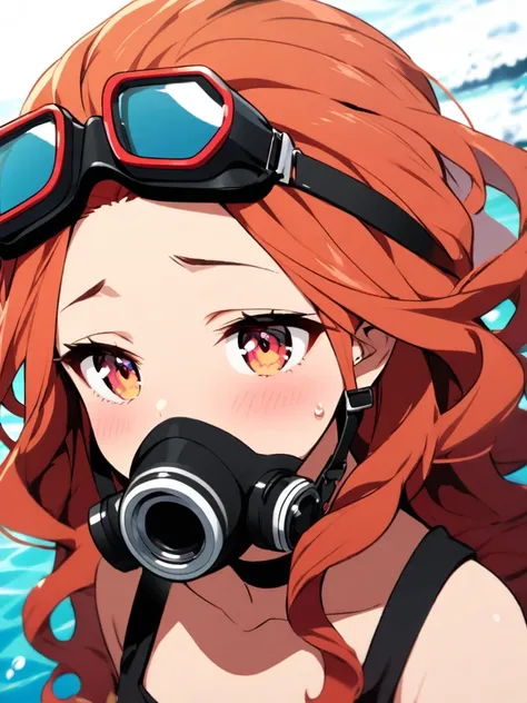 Licking scuba goggles, drool on goggles, long curly hair