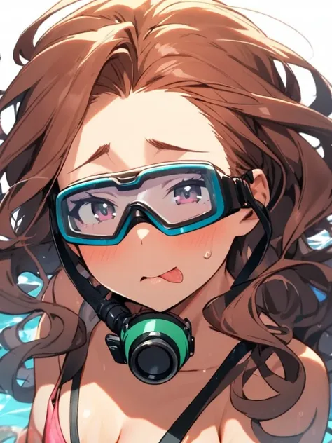 Licking scuba goggles, drool on goggles, long curly hair