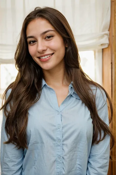 a photo-realistic portrait of a beautiful Palestinian woman with long brown hair, blue shirt, white teeth, and a cute smile, with highly detailed and realistic facial features, modest expression, and realistic white skin tone