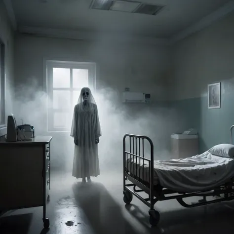 image of a ghostly woman, pale-looking, empty-eyed and 3 meters tall, malnourished, walking towards a hospital bed where there i...