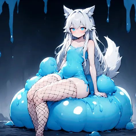 a cute adult male made of slime with wolf ears, long white hair, long locks, has a wolf tail, fishnet stockings, thick thighs, wide hips, short, very slim, showing slender tummy, squishy thighs, has glowing blue eyes. alone, solo (ALONE)(SOLO) made of slim...