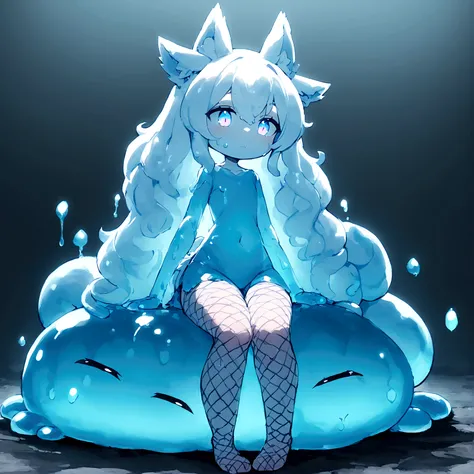 a cute adult male made of slime with wolf ears, long white hair, long locks, has a wolf tail, fishnet stockings, thick thighs, wide hips, short, very slim, showing slender tummy, squishy thighs, has glowing blue eyes. alone, solo (ALONE)(SOLO) made of slim...