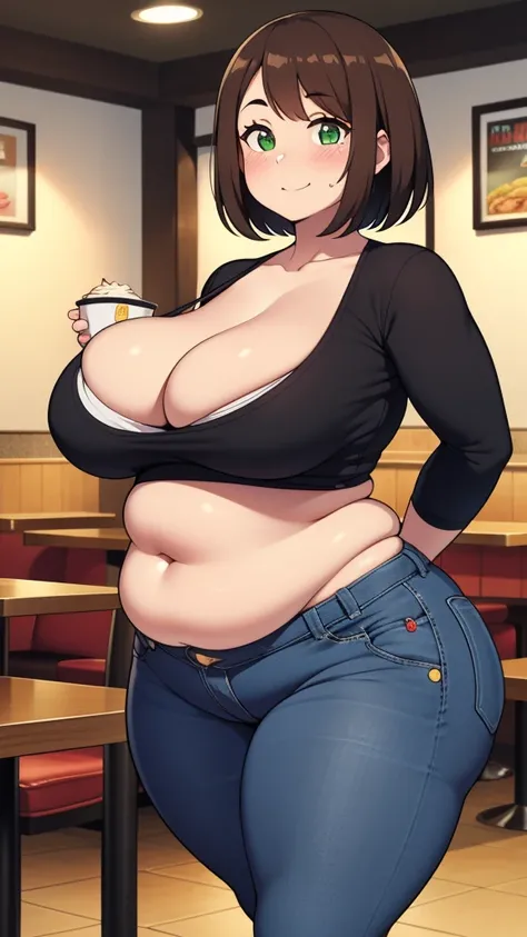 ((highres)), Masterpiece, high quality, best quality, beautiful, perfect lighting, detailed face, ultra cute face, looking at viewer, on a date, ((blush)), affectionate smile, ((1girl)), ((solo)), brown hair, fluffy hair, green eyes, jeans, crop top, tight...