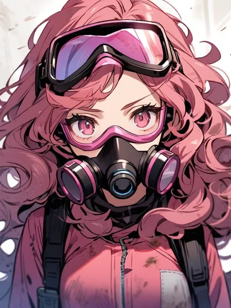 Wearing scuba goggles, pink goggles, large goggles. Dirty smudged goggles, long curly hair