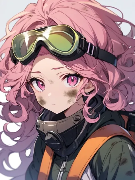 Wearing scuba goggles, pink goggles, large goggles. Dirty smudged goggles, long curly hair