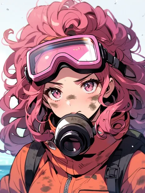 Wearing scuba goggles, pink goggles, large goggles. Dirty smudged goggles, long curly hair